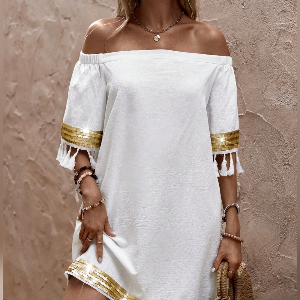 Off Shoulder Tassel Trim Dress - Picture 2 of 6